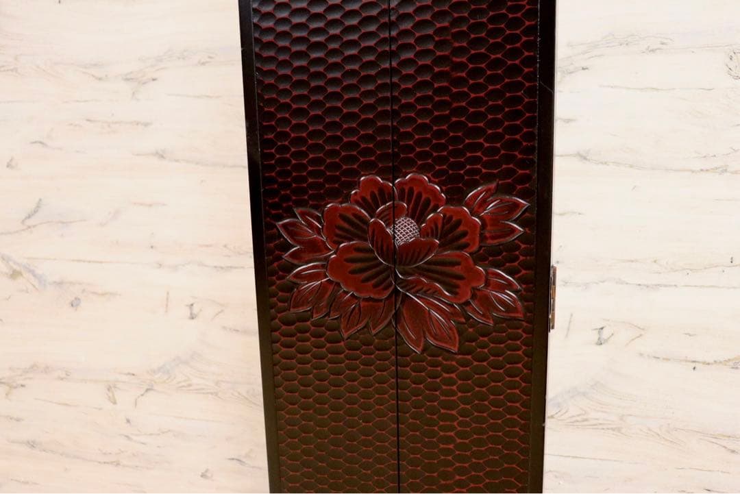 GMIH60○鎌倉彫 三面鏡 姿見 全身鏡 木製 彫刻 漆塗り 着付け鏡 和家