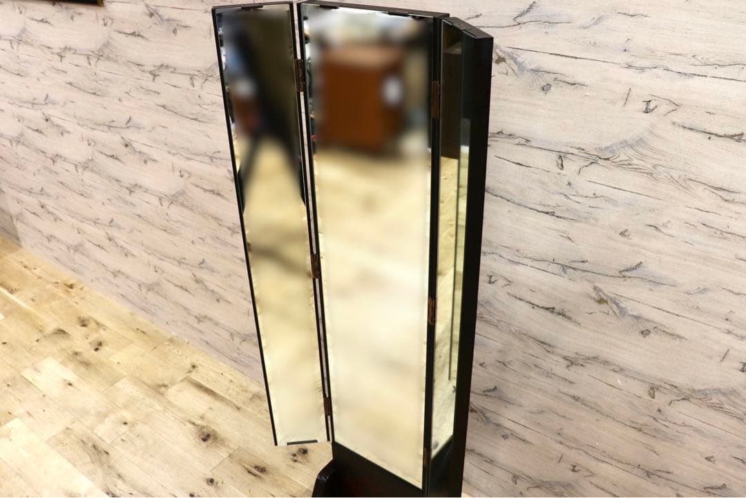 GMIH60○鎌倉彫 三面鏡 姿見 全身鏡 木製 彫刻 漆塗り 着付け鏡 和家