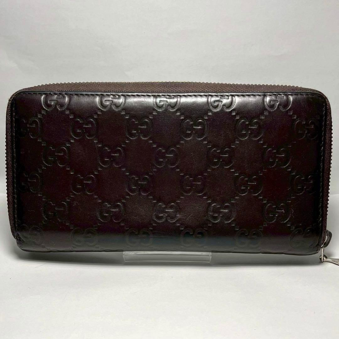 GUCCI グッチ シマ レザー GG柄 ラウンドジップ ダークブラウン