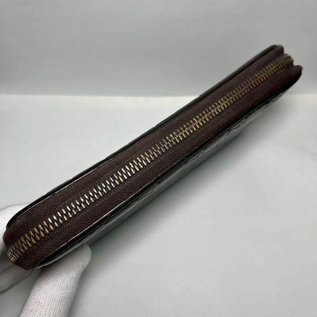 GUCCI グッチ シマ レザー GG柄 ラウンドジップ ダークブラウン