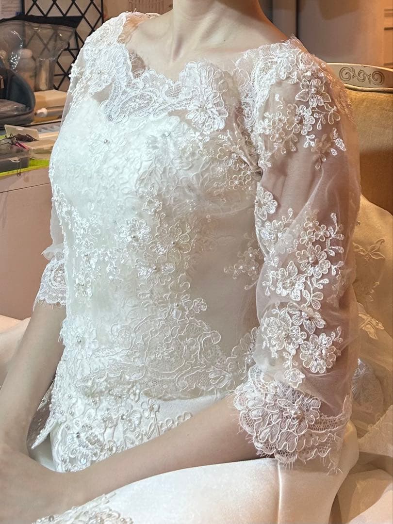 ウェディングボレロ レース パール ボレロ 七分袖 ホワイト 結婚式 ブライダル