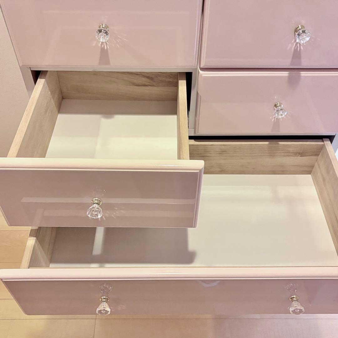 6段チェスト ピンク クリスタル取っ手 鏡面仕上げ