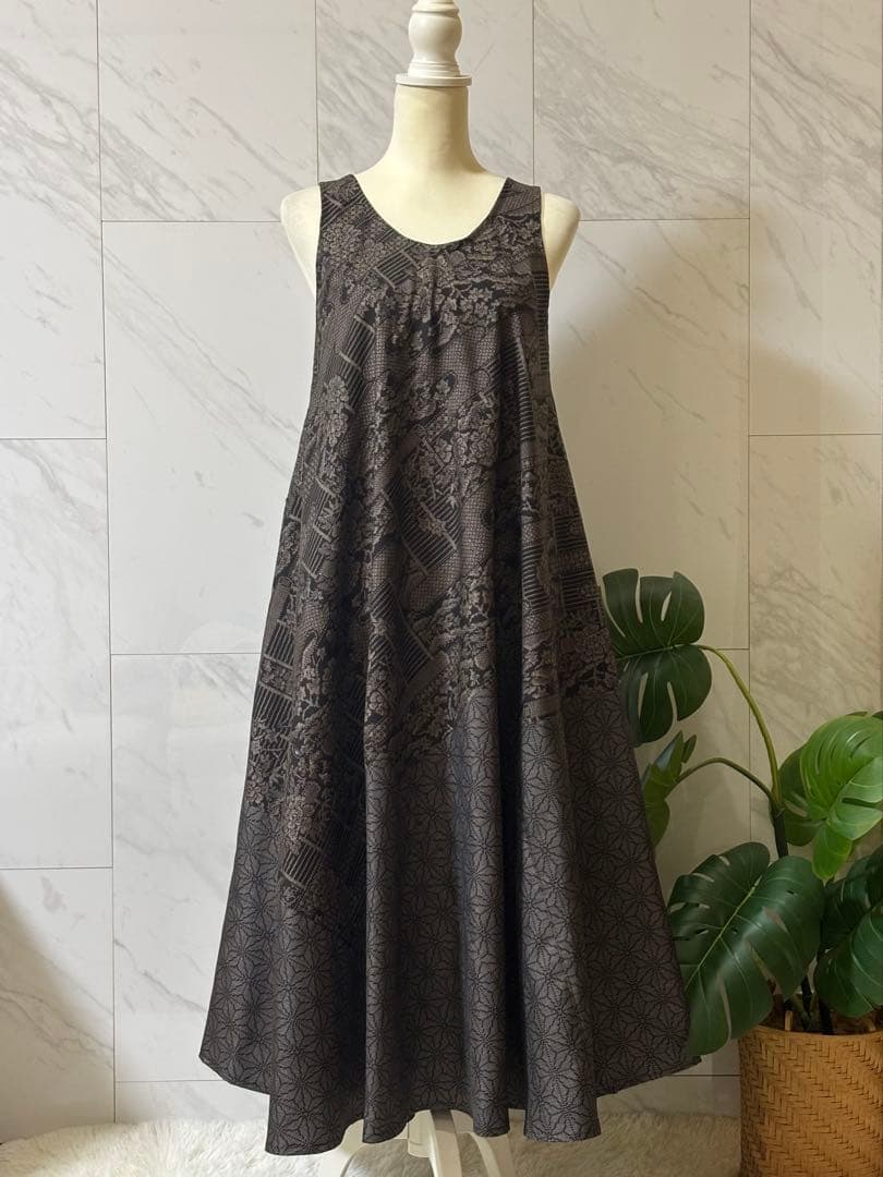 1-11大島紬リメイク　大島紬ロングワンピース　大島紬ジャンパースカート