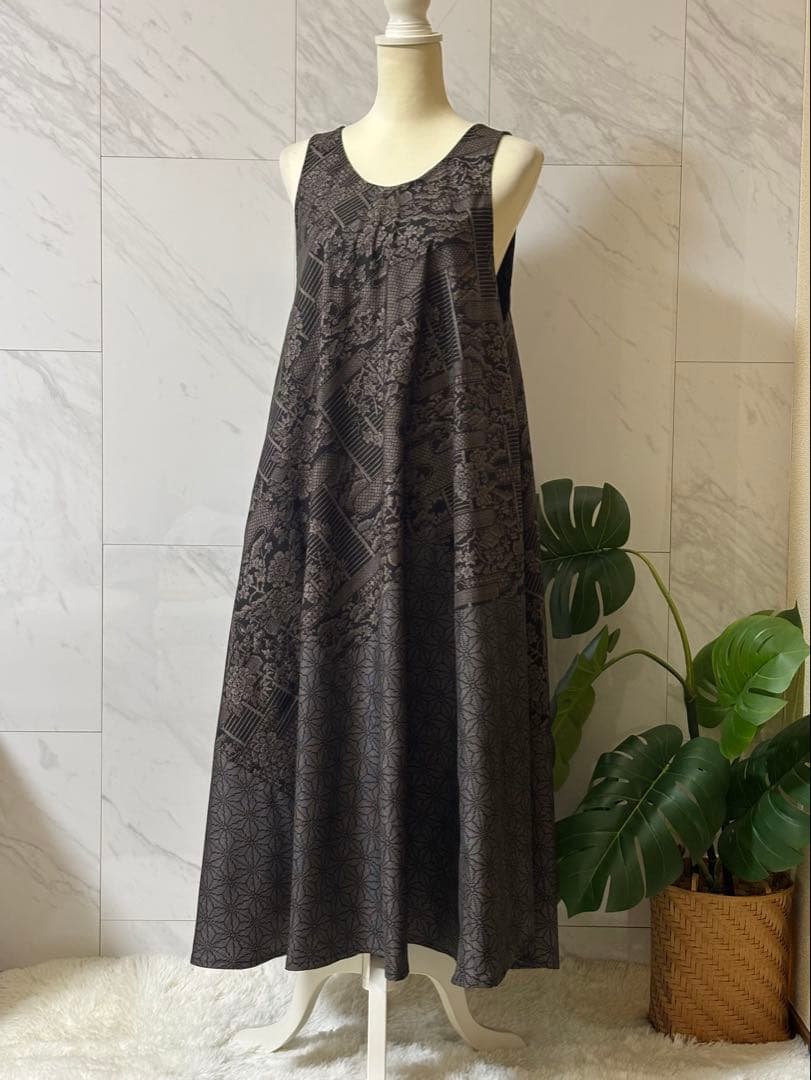 1-11大島紬リメイク　大島紬ロングワンピース　大島紬ジャンパースカート