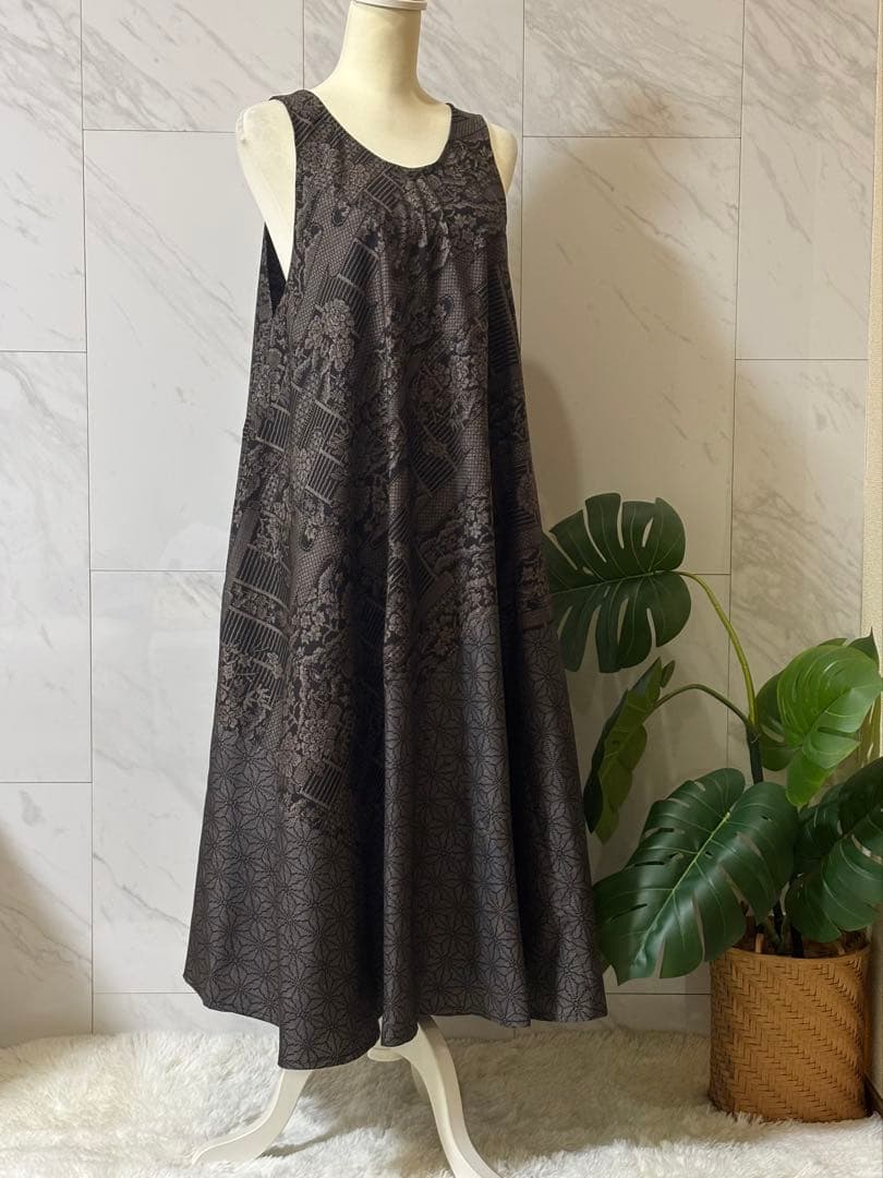 1-11大島紬リメイク　大島紬ロングワンピース　大島紬ジャンパースカート