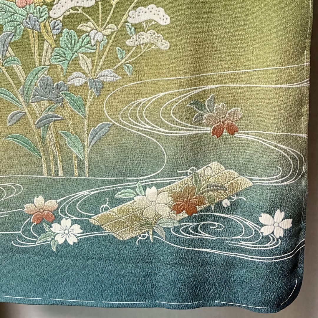 D82訪問着 花模様 流水 金彩 一つ紋 正絹着物 袷 しつけ糸付き未使用極美品