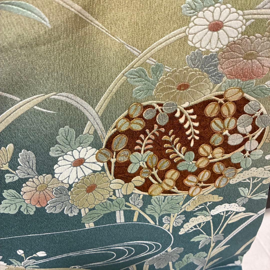 D82訪問着 花模様 流水 金彩 一つ紋 正絹着物 袷 しつけ糸付き未使用極美品