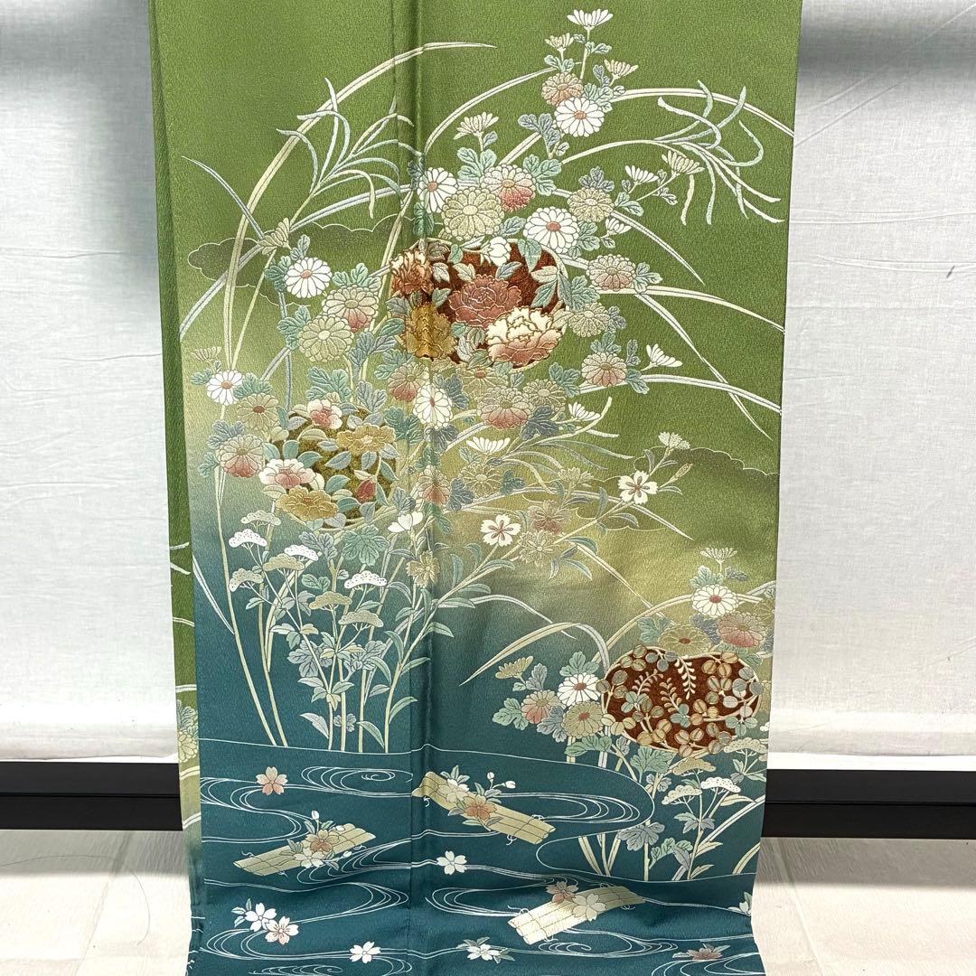 D82訪問着 花模様 流水 金彩 一つ紋 正絹着物 袷 しつけ糸付き未使用極美品