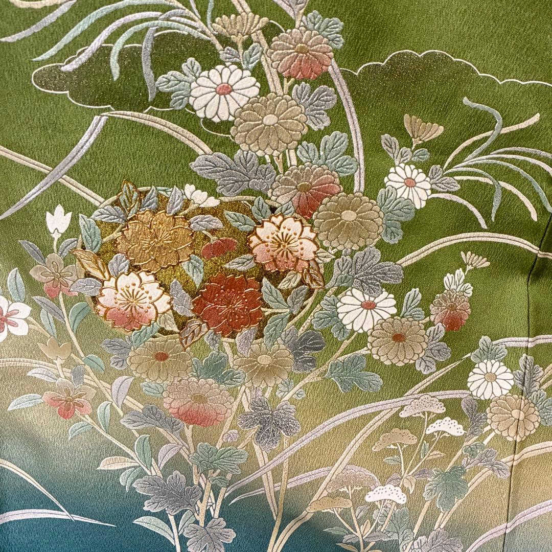 D82訪問着 花模様 流水 金彩 一つ紋 正絹着物 袷 しつけ糸付き未使用極美品