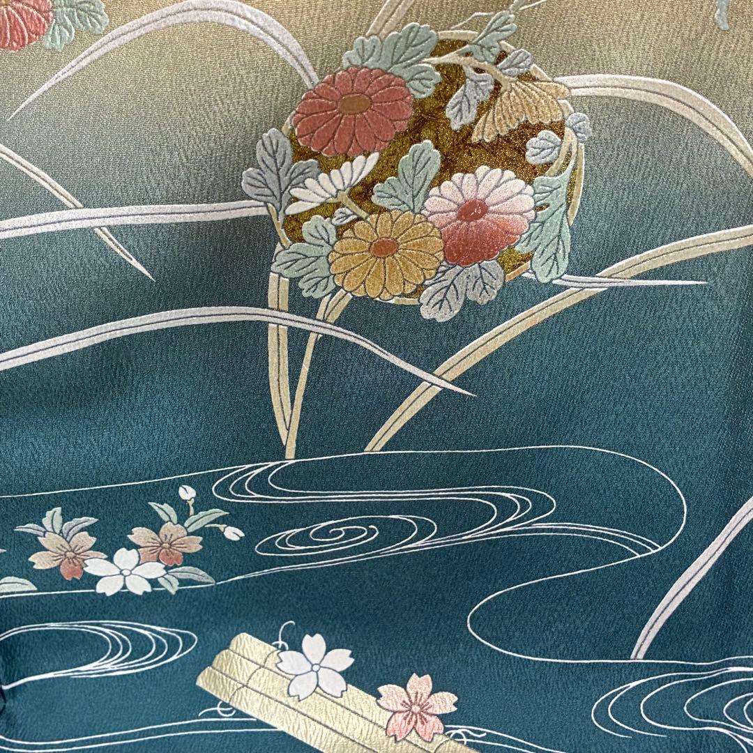 D82訪問着 花模様 流水 金彩 一つ紋 正絹着物 袷 しつけ糸付き未使用極美品