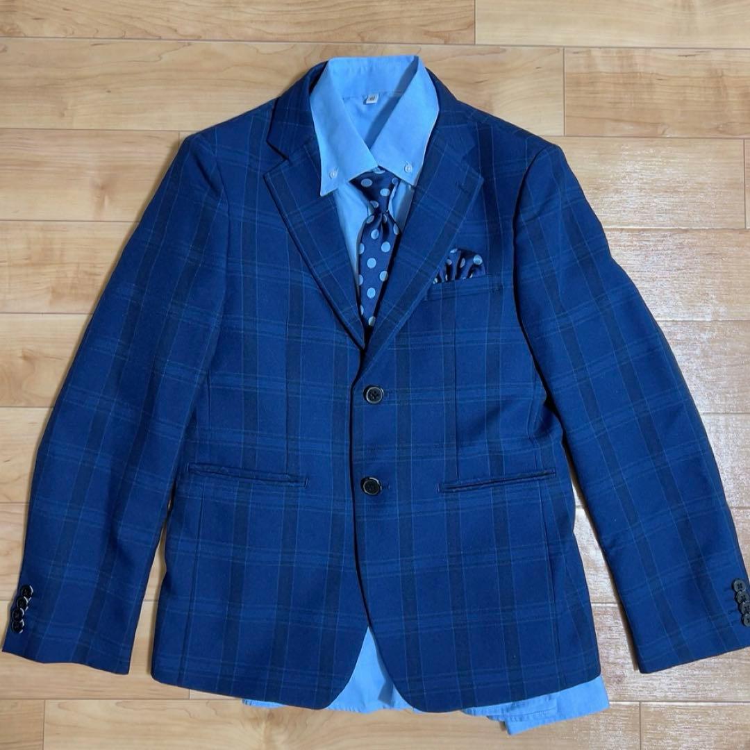 男の子 卒業式 WANDER FACTORY ネイビーチェックスーツ 160