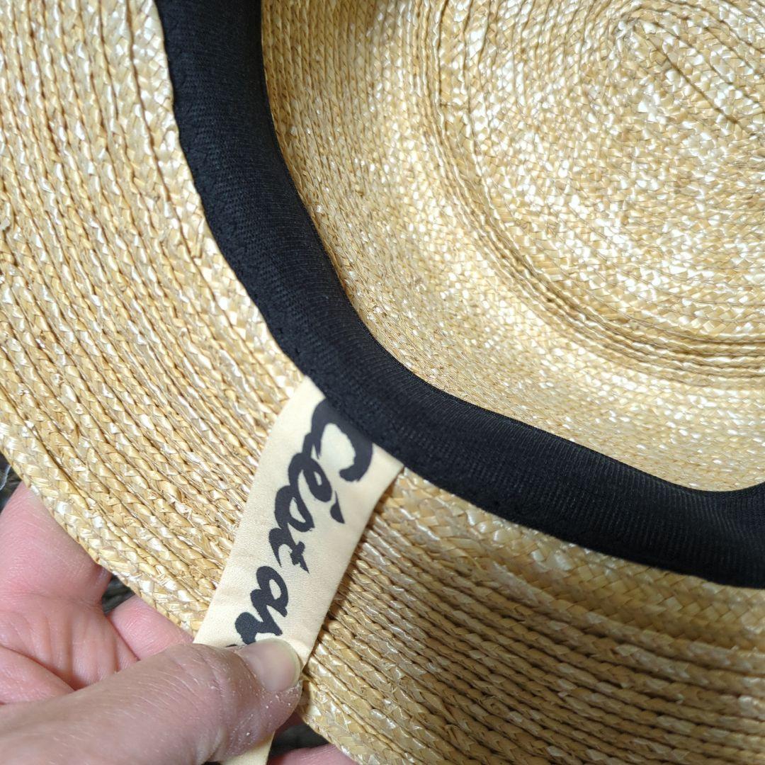 ベージュ ストロー ボートハット リボン付き