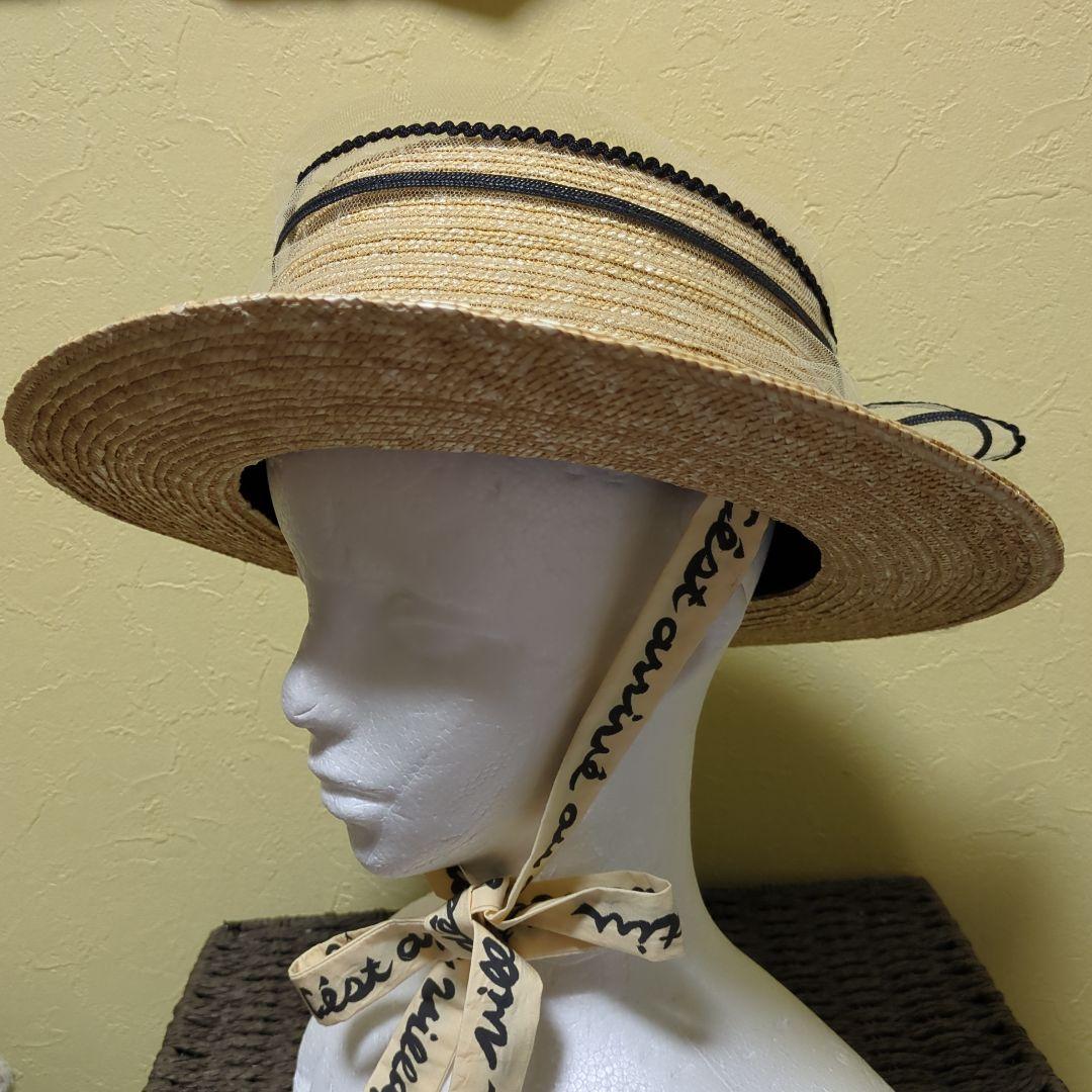 ベージュ ストロー ボートハット リボン付き