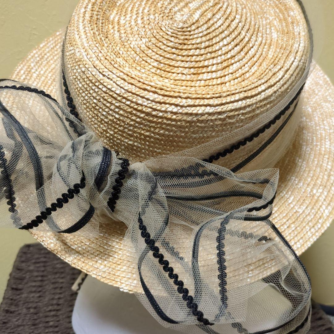 ベージュ ストロー ボートハット リボン付き