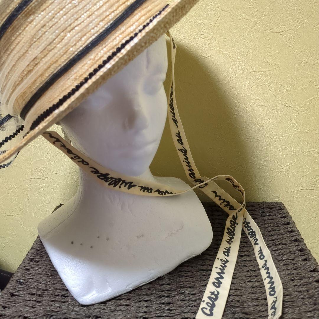ベージュ ストロー ボートハット リボン付き