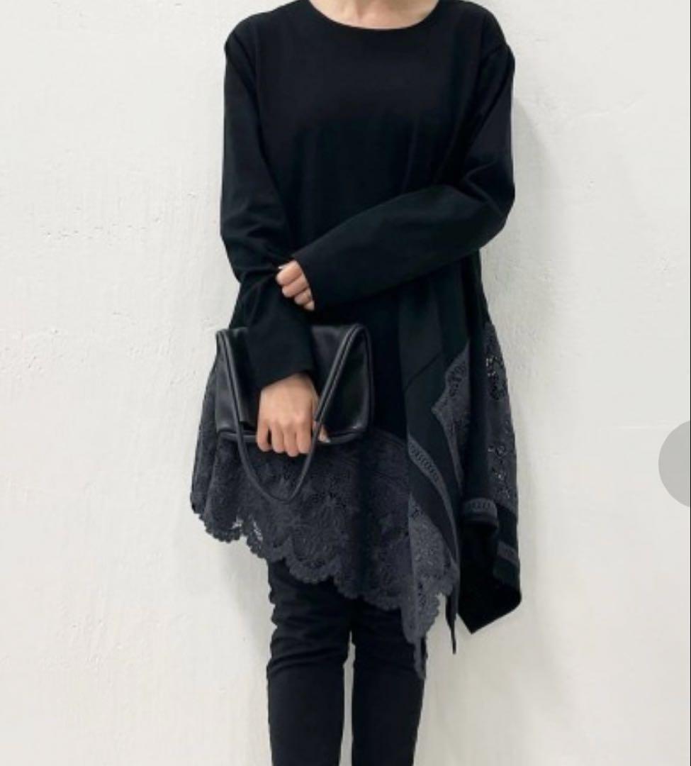 美品✨ ビアズリー レース裏毛チュニック アシンメトリー 変形ブラウス 切替 黒