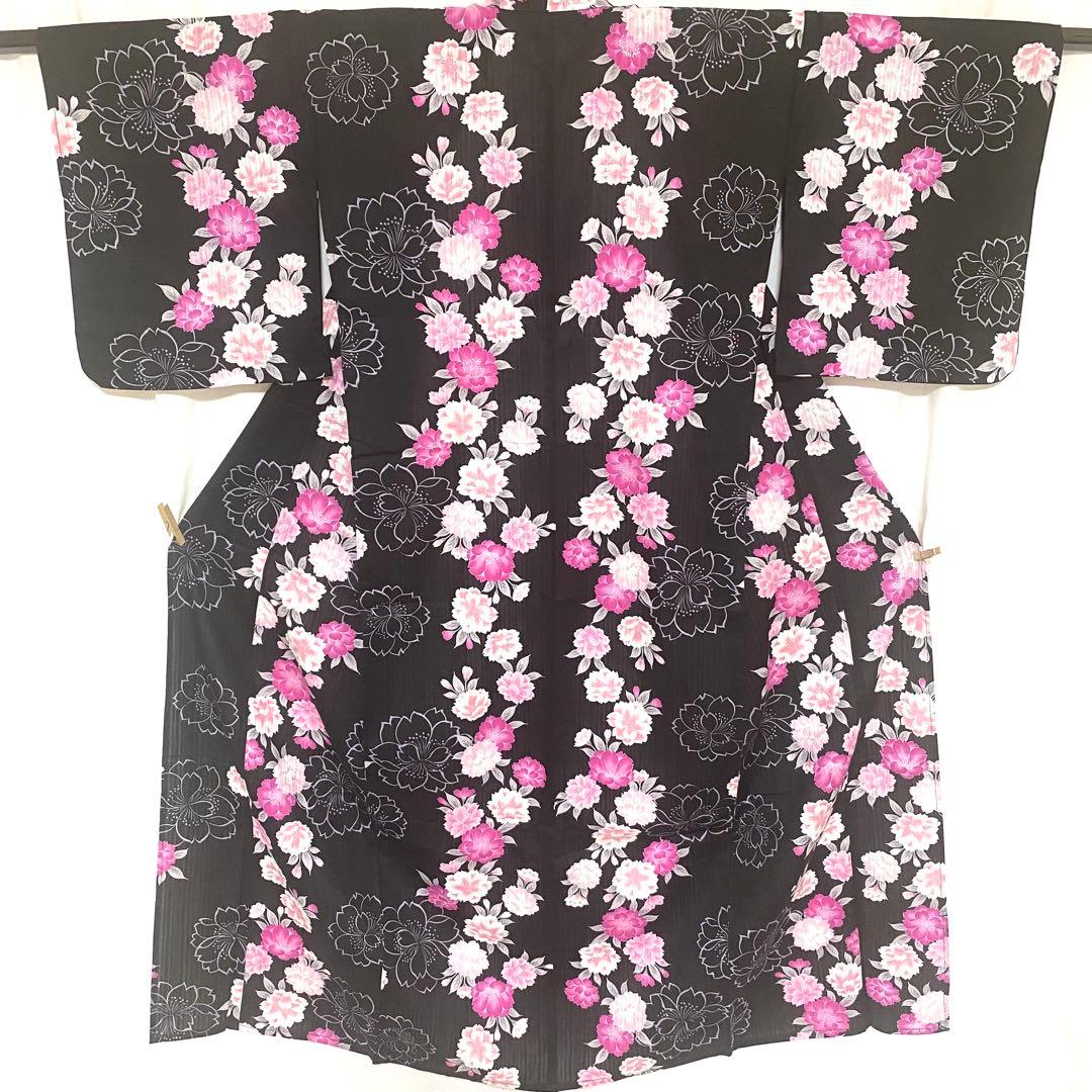 5k1818 浴衣　綿　単衣　黒　赤　ピンク　白　花柄　和装　着物