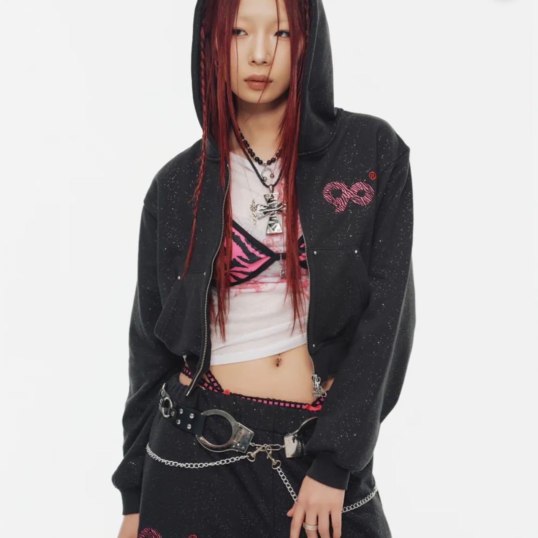 トップス 9090 girl 90 Logo Glitter Zip Hoodie