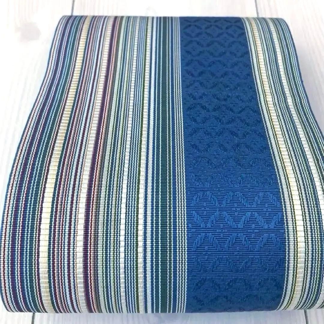 flower 博多織　半幅帯　ブルーグレー　縞模様の織り出No.77-22