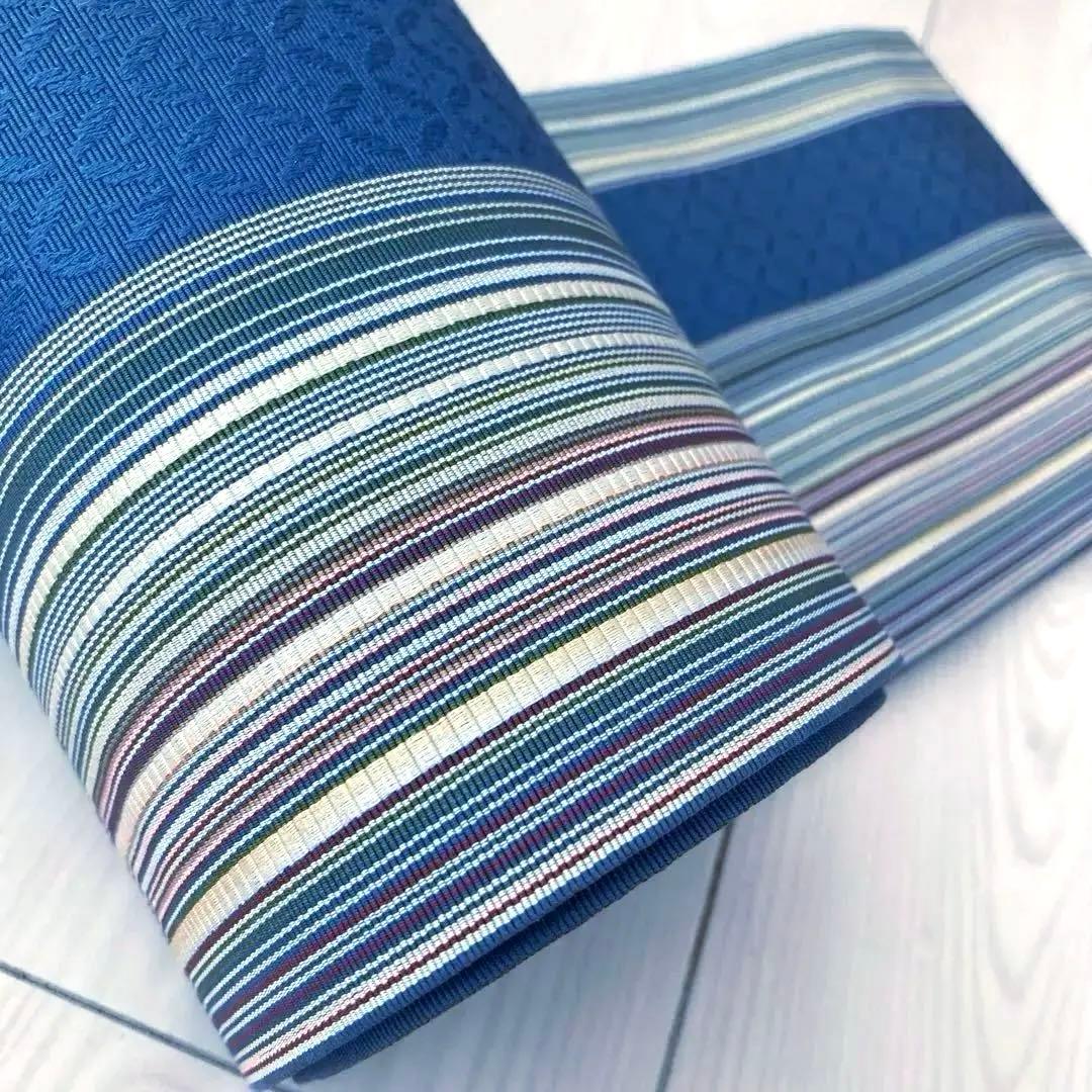 flower 博多織　半幅帯　ブルーグレー　縞模様の織り出No.77-22