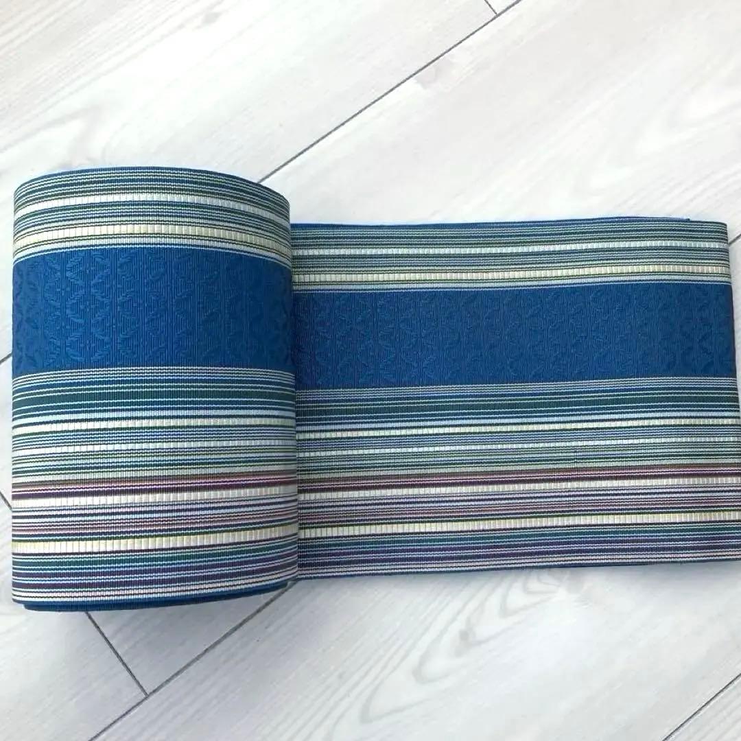 flower 博多織　半幅帯　ブルーグレー　縞模様の織り出No.77-22