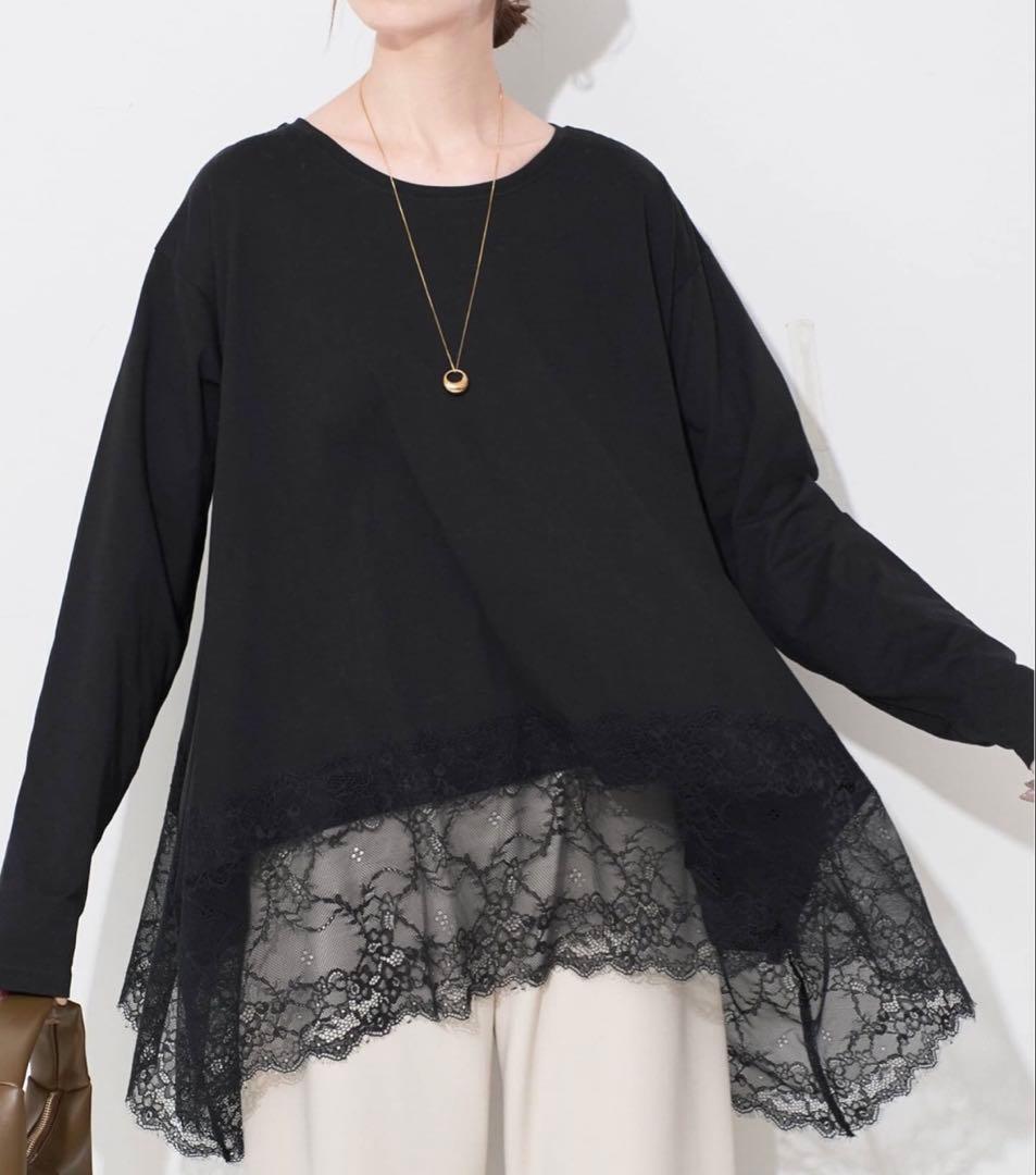 【新品タグ付き】レースコンビカットソー　ブラック