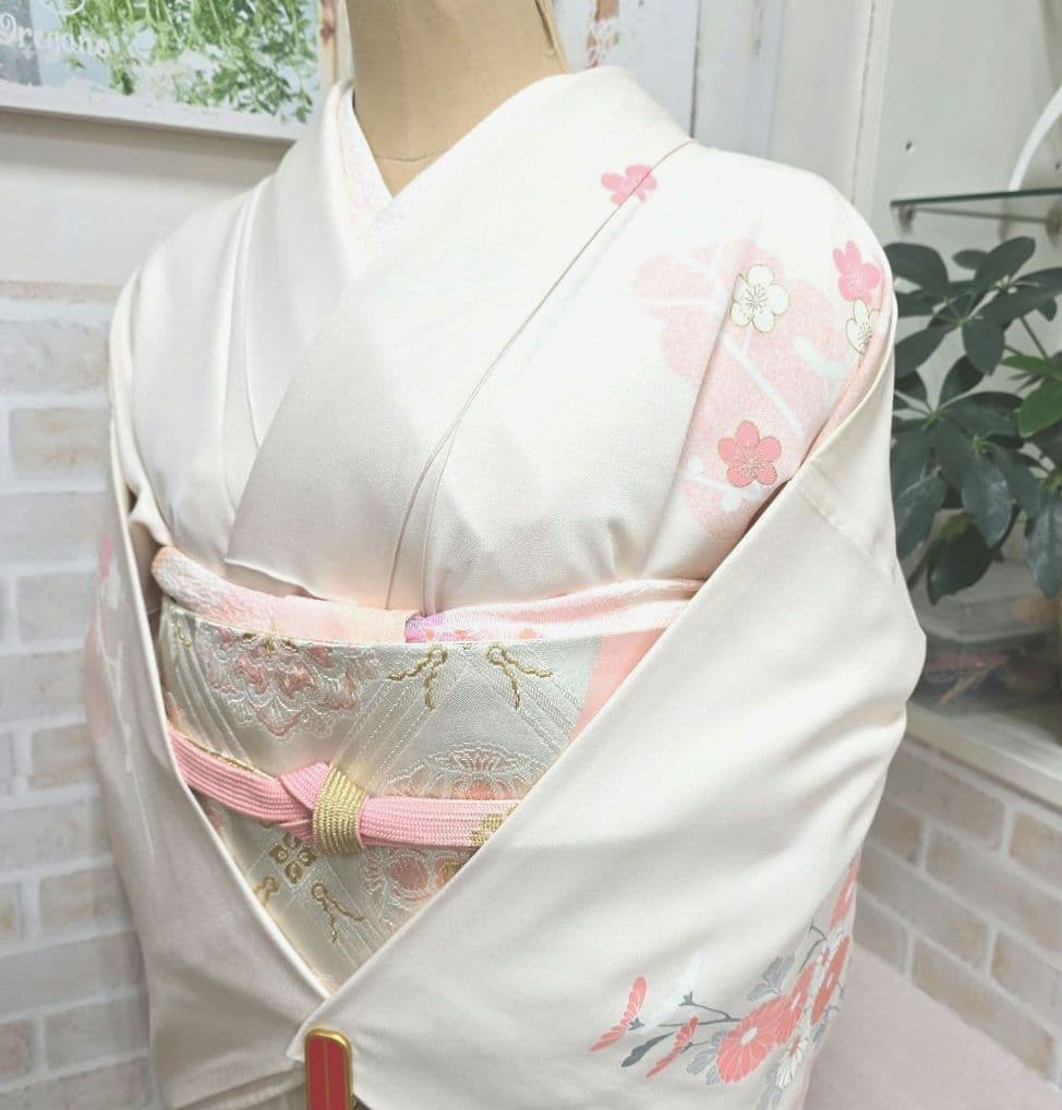 オフホワイト菊梅訪問着と袋帯・帯揚げ帯締めの4点フルセット