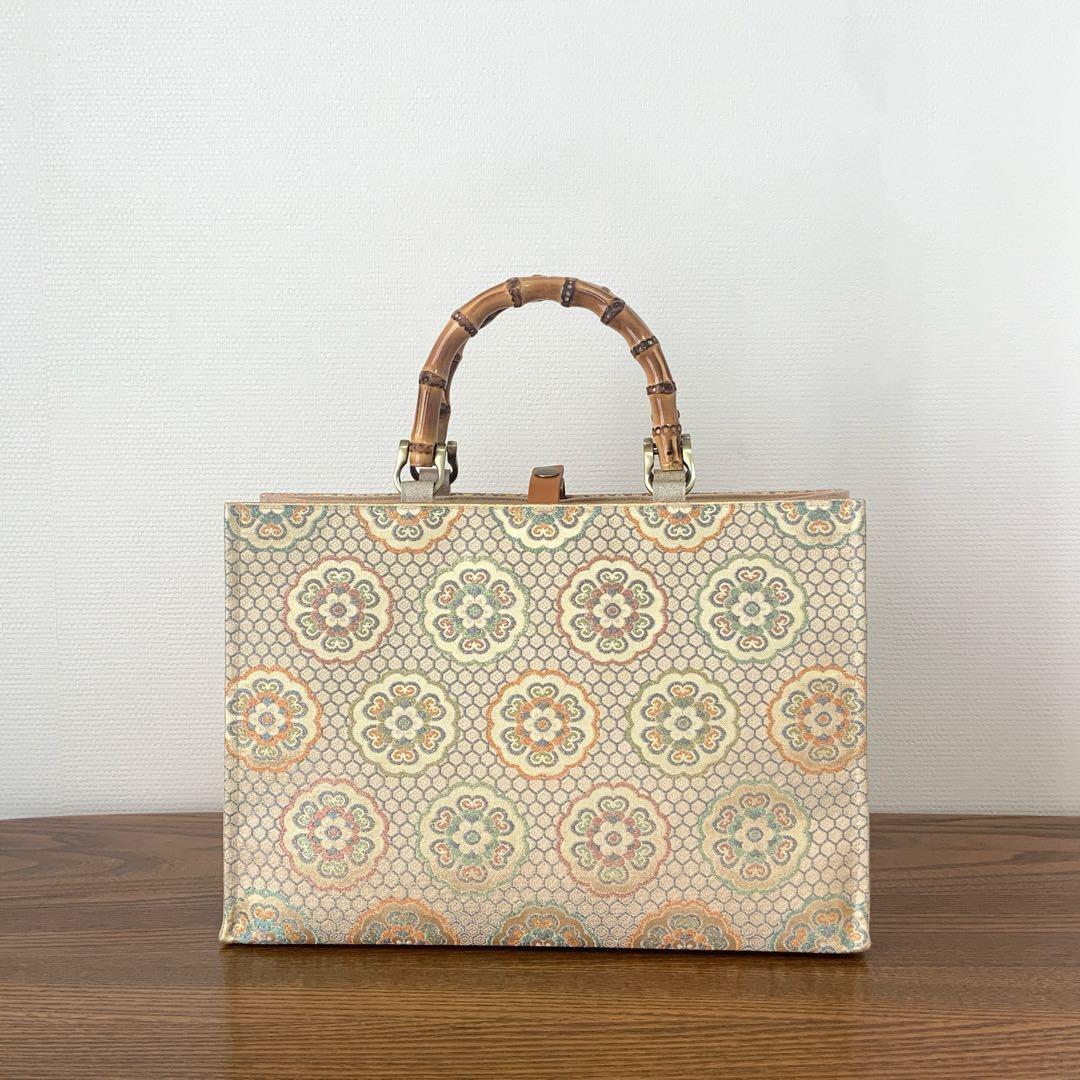 袋帯　きらめく吉祥花文　リメイク　バンブーハンドルバッグ　浅型マチ広め