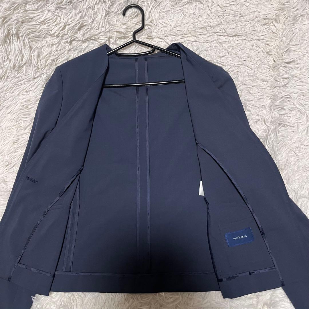 ネイビー ビジネススーツ ニューヨーカー　ノーカラースーツ