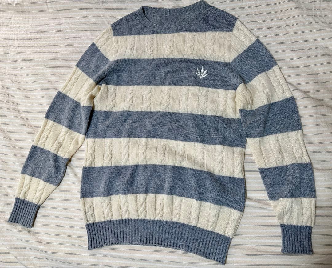 ピュアカシミヤ100%ワイドボーダーヘンプリーフ刺繍ロングスリーブニットセーター