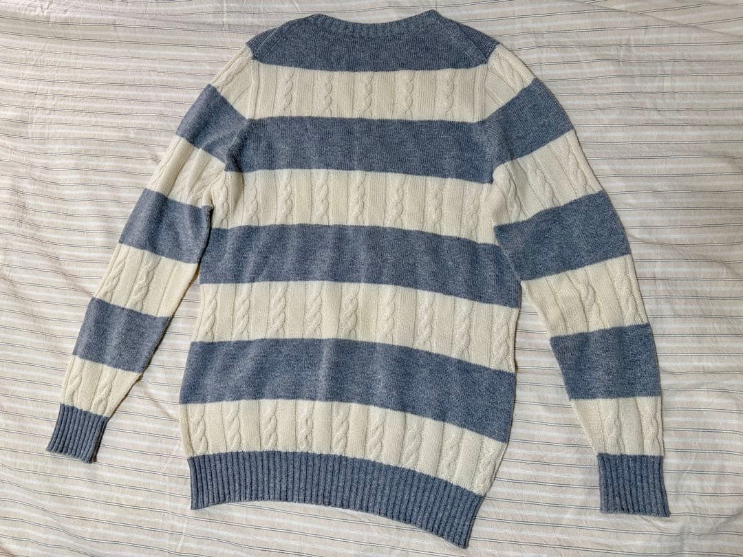 ピュアカシミヤ100%ワイドボーダーヘンプリーフ刺繍ロングスリーブニットセーター