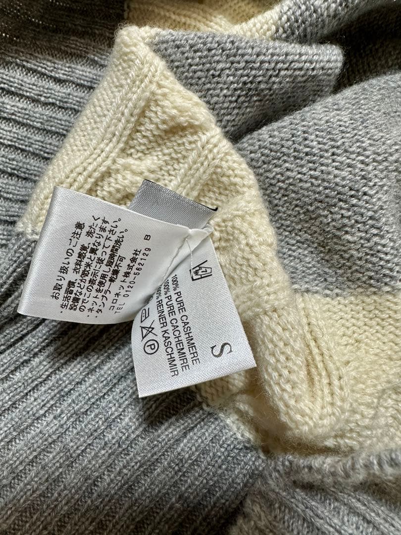 ピュアカシミヤ100%ワイドボーダーヘンプリーフ刺繍ロングスリーブニットセーター