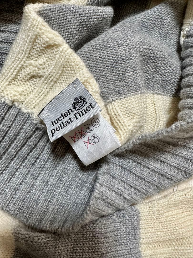 ピュアカシミヤ100%ワイドボーダーヘンプリーフ刺繍ロングスリーブニットセーター