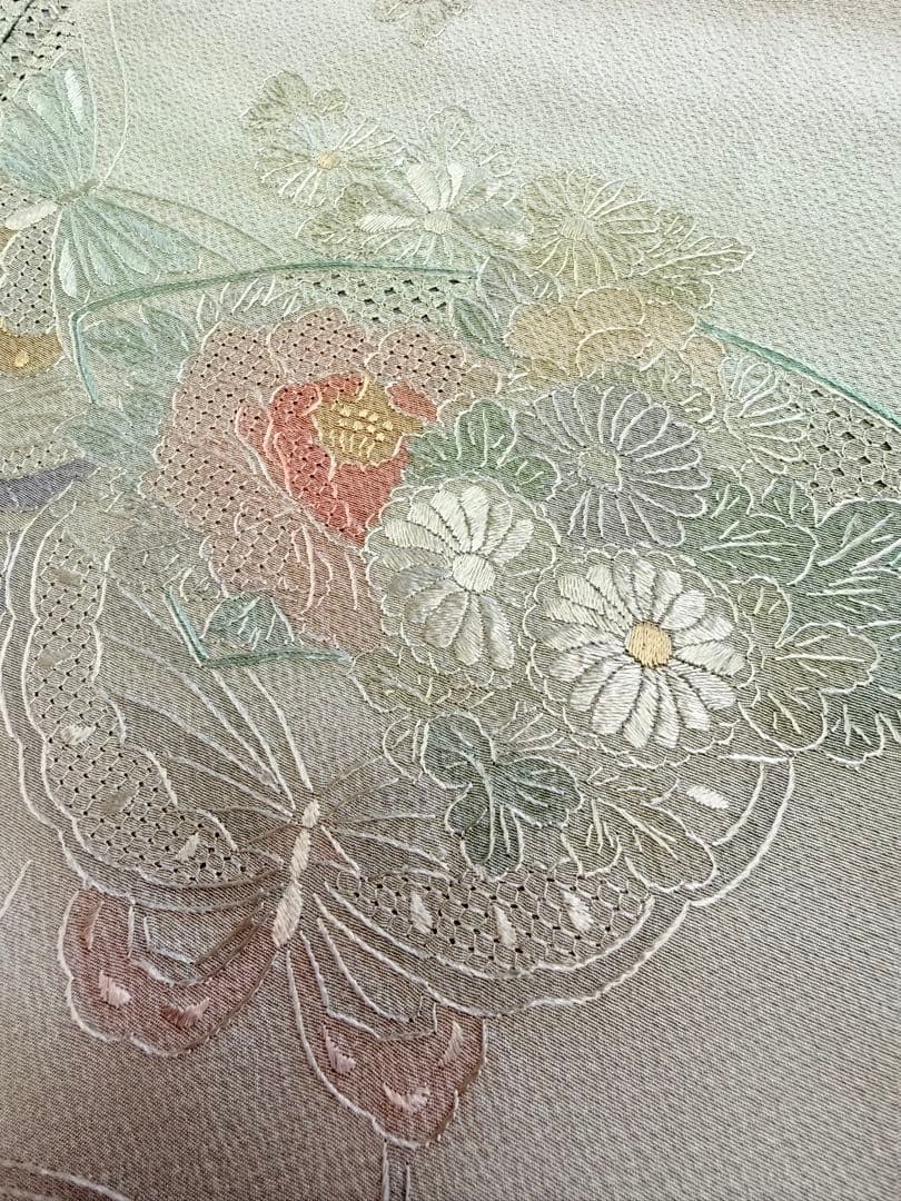 高級 訪問着 正絹 袷 汕頭刺繍 スワトウ 中国刺繍 グリーン 暈し染め