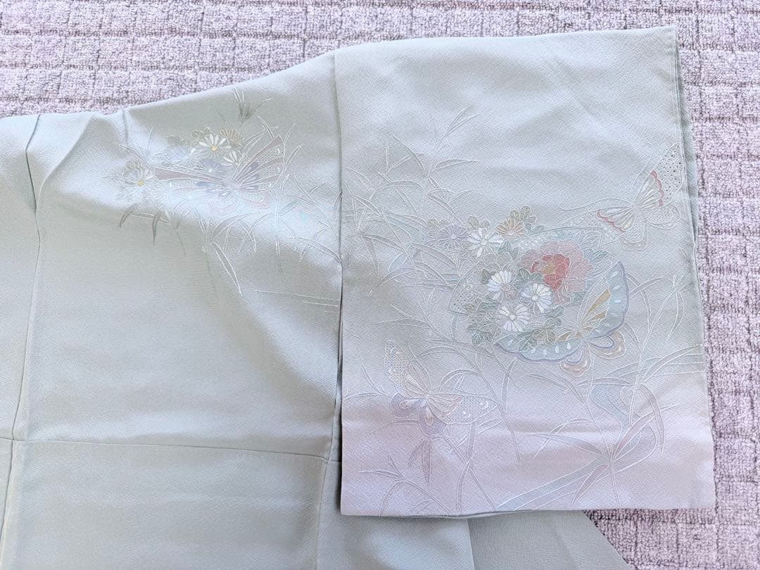 高級 訪問着 正絹 袷 汕頭刺繍 スワトウ 中国刺繍 グリーン 暈し染め