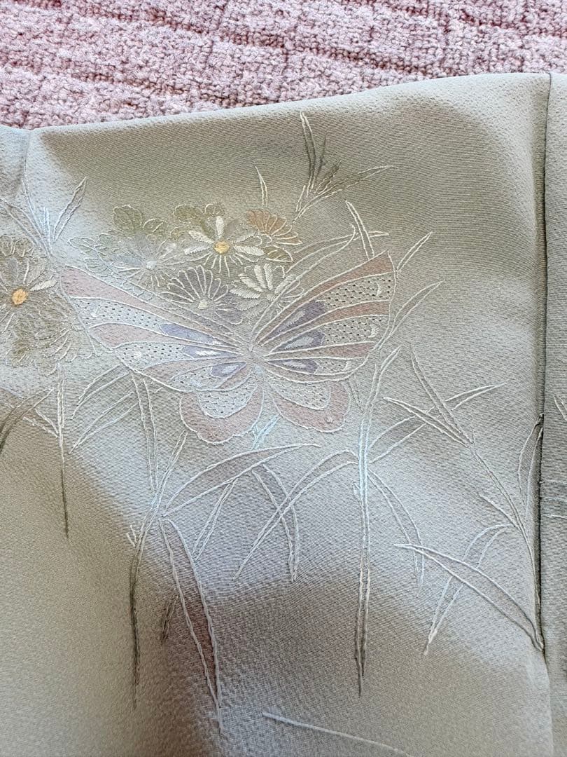 高級 訪問着 正絹 袷 汕頭刺繍 スワトウ 中国刺繍 グリーン 暈し染め