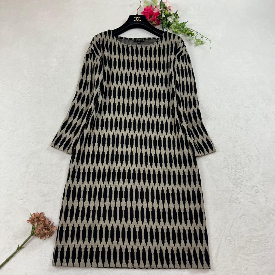 K717 L エトロ イタリア製 ひざ丈ワンピース ブラック グレー レディース