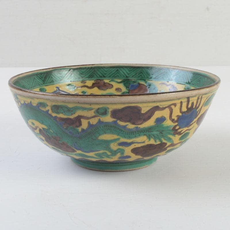 九谷焼　青手九谷　神獣雲龍文　鉢　角福銘　V　9548