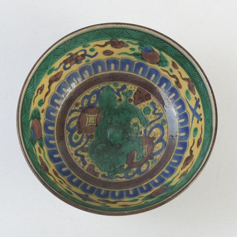 九谷焼　青手九谷　神獣雲龍文　鉢　角福銘　V　9548