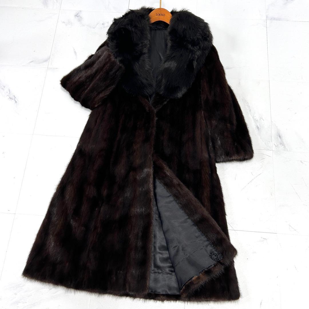 高級 着丈107cm ブラックミンク フォックス 襟 ロングコート 毛皮 鼬