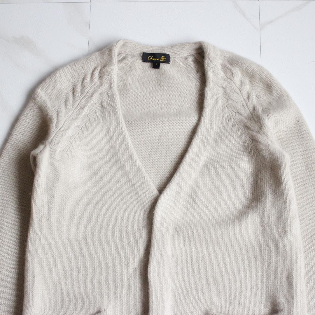 DRAWER カシミヤ98% 部分ケーブル編みニットカーディガン S ベージュ