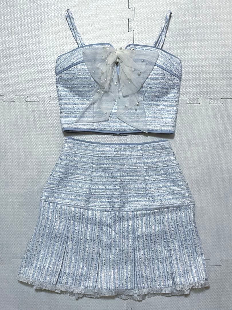ローブドフルール キャバクラ ドレス セットアップ ツイード 水色 リボン