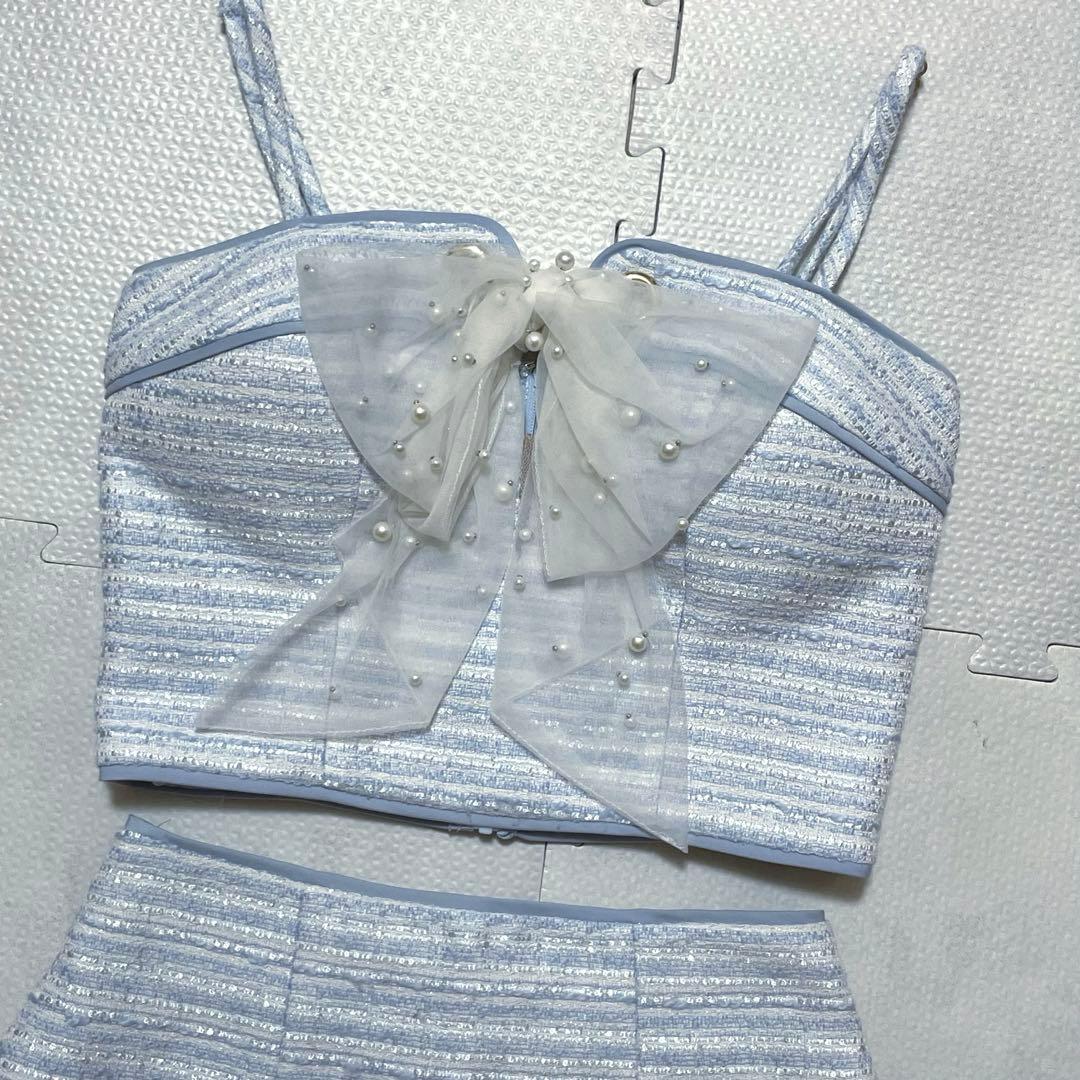 ローブドフルール キャバクラ ドレス セットアップ ツイード 水色 リボン