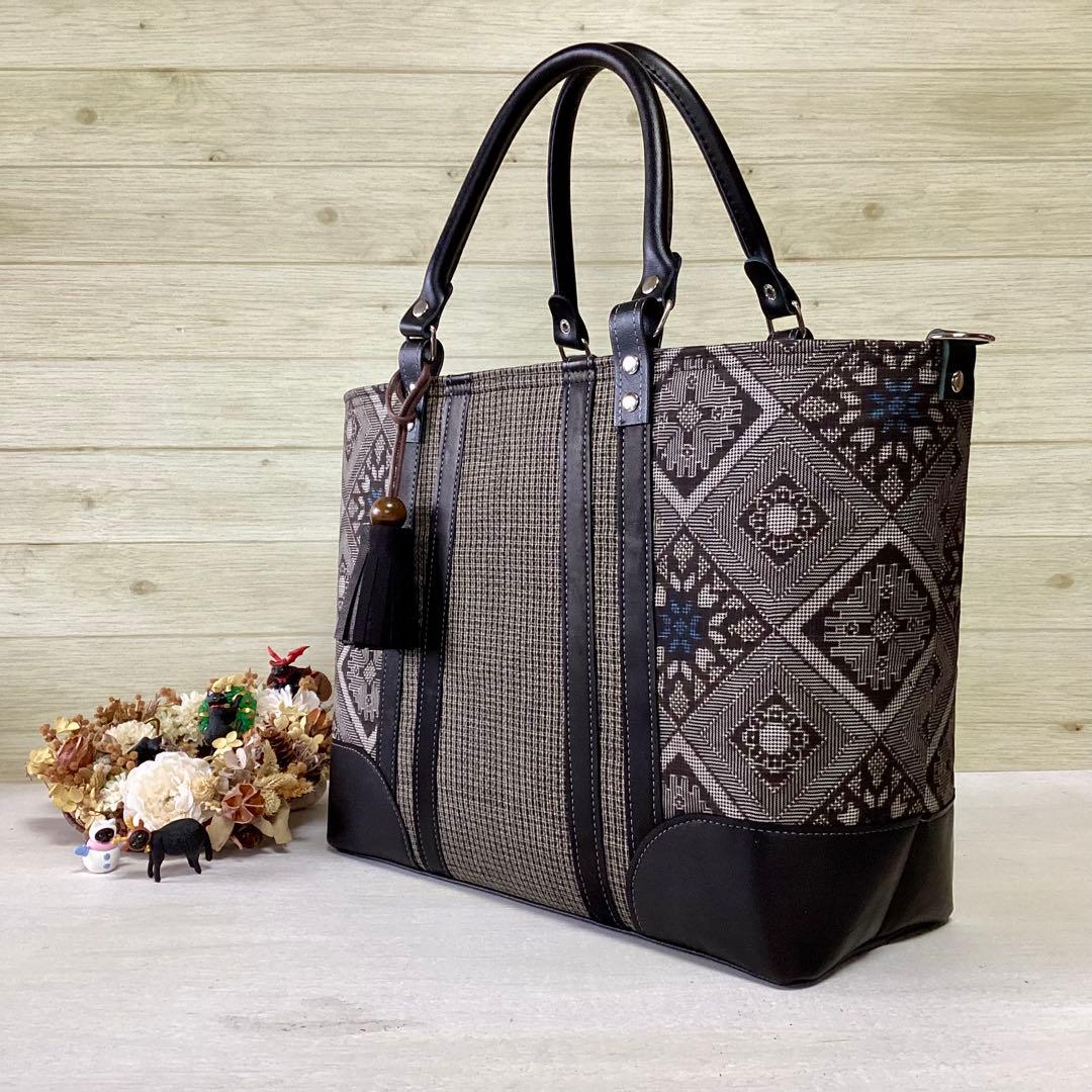 龍郷 大島紬 ×本革 着物リメイク トートバッグ 和装バッグ ハンドメイド Ａ4