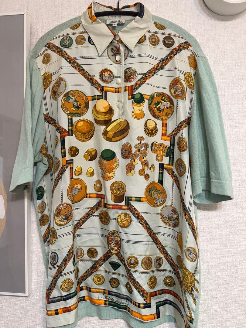 エルメス ツイルレーヌ　ポロシャツ 異素材切り替え　総柄 HERMES