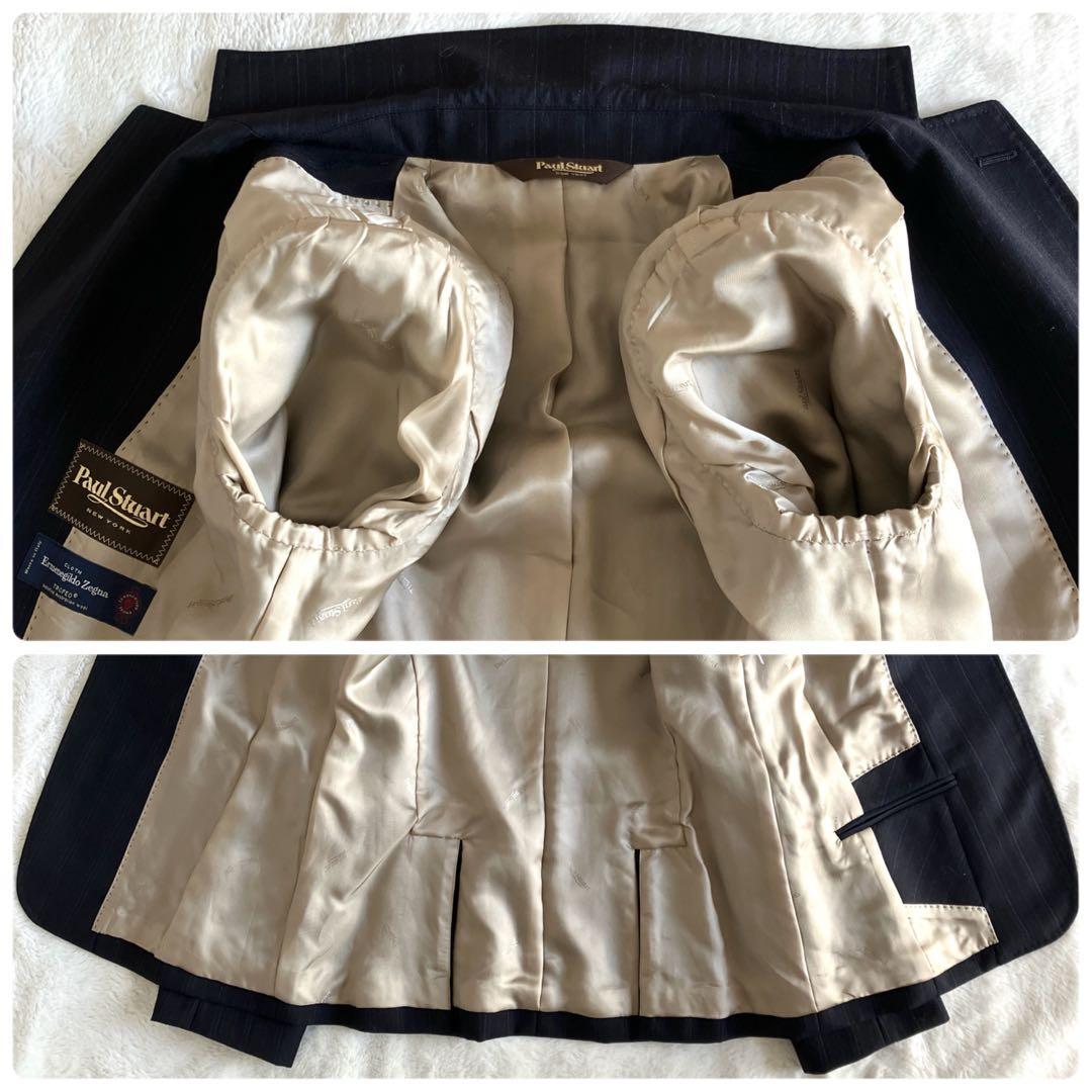 新品 ポールスチュアート ゼニア ウール ピンストライプ スカートスーツ 濃紺