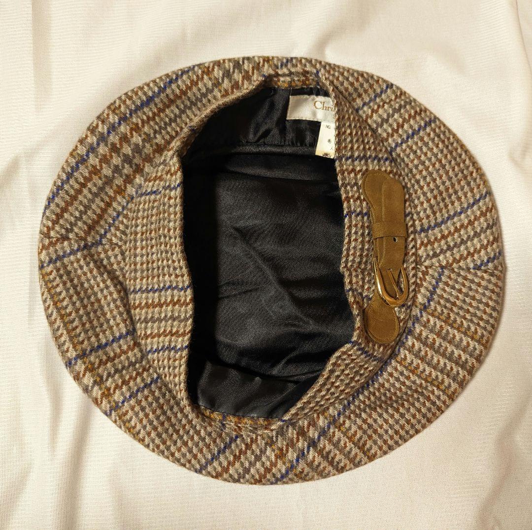 【Christian Dior】希少80s~チェック柄ウールベレー帽　ベージュ系