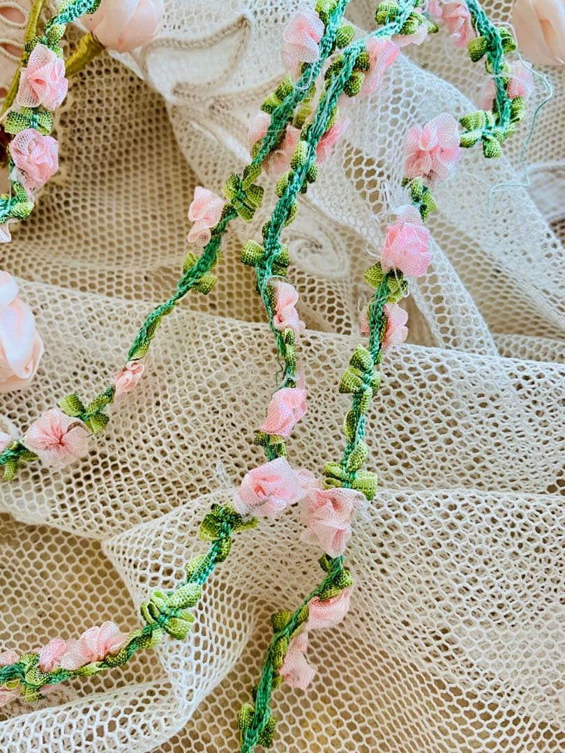 フランスビンテージ／アンティーク　ピンクフラワーロココリボン ※20cm〜カット