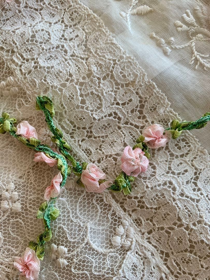 フランスビンテージ／アンティーク　ピンクフラワーロココリボン ※20cm〜カット