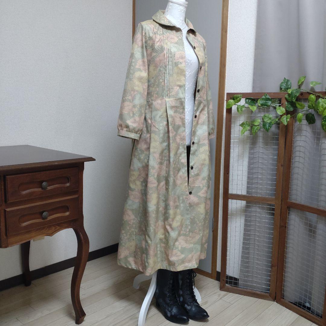 着物リメイク　紬丸襟ピンタックコートワンピース